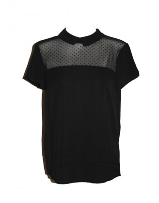 Black top with transparent fabric and small collar 